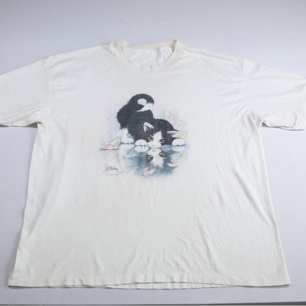 Vintage Bob Harrison Cat T-Shirt Curious Kittens XL White 90s Nature Animal Tee